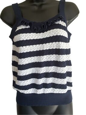 &Isla Navy and Cream Striped Pointelle Knit Cotton Top - Size M
